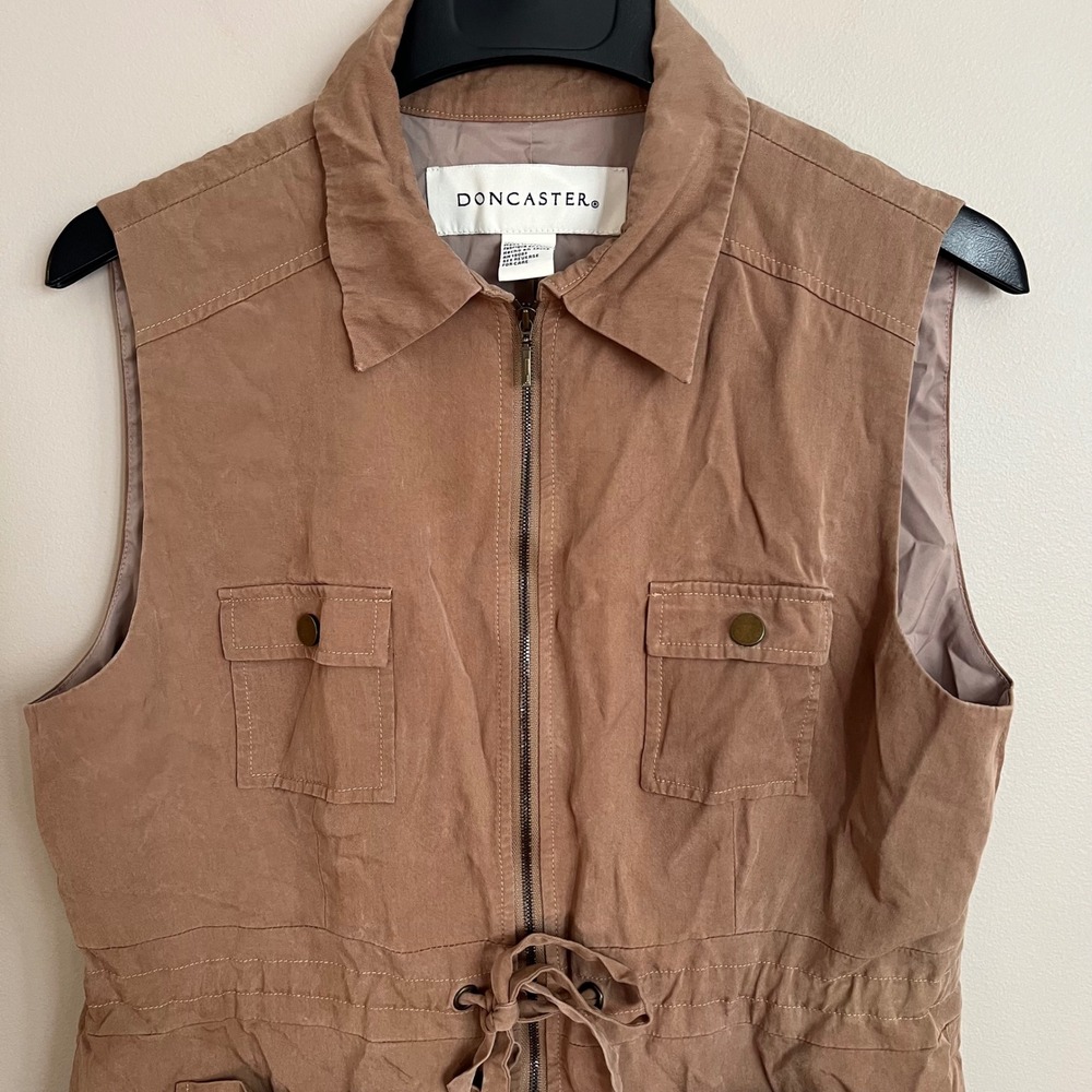 Women Drawstring Waist Full Zip Utility Safari Vest Tan Women L Cargo Military - Picture 2 of 8